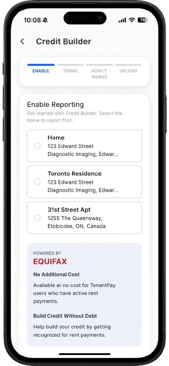 TenantPay Credit Builder app showing rent reporting to Equifax